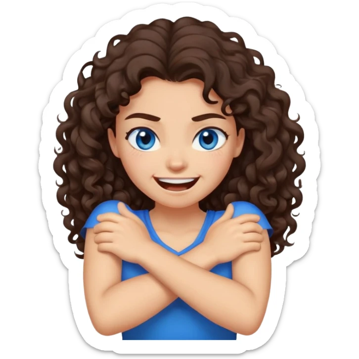 arms crossed around neck angry laughing girl with long dark brown curly hair and blue eyes sticker