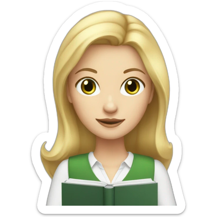 English teacher female with blonde hair and green eyes. with English book sticker