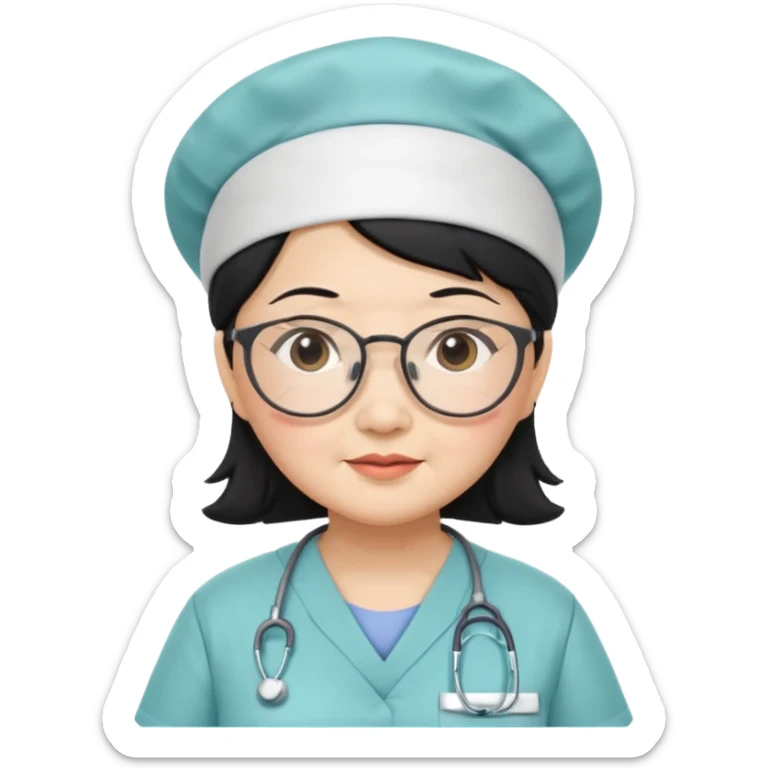 OLD ASIAN WOMAN WITH GLASSES, NURSE SCRUBS, CAP, BLACK HAIR, CHUBBY sticker