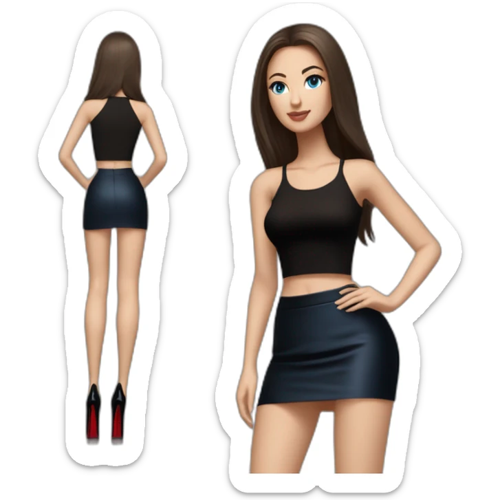 realist caucasian long dark brown, blue eyes woman, black crop top black tight mini skirt, High heel black patent louboutin, full body sticker