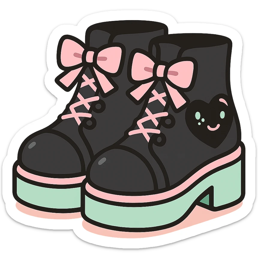 BLACKPINK-inspired gothic shoes, no hearts, black and pink, cute and stylish, kawaii style, lace-up ankle boots with ribbons, pastel green accents sticker