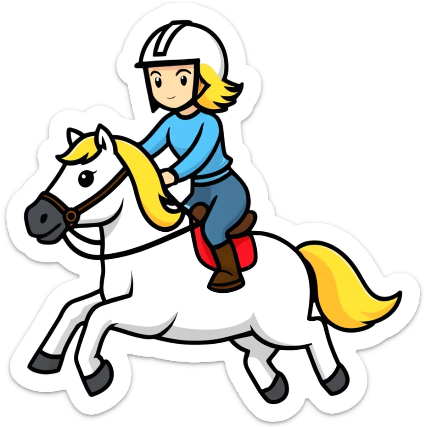 Blonde haired women riding a a dark horse and has on a helmet  sticker