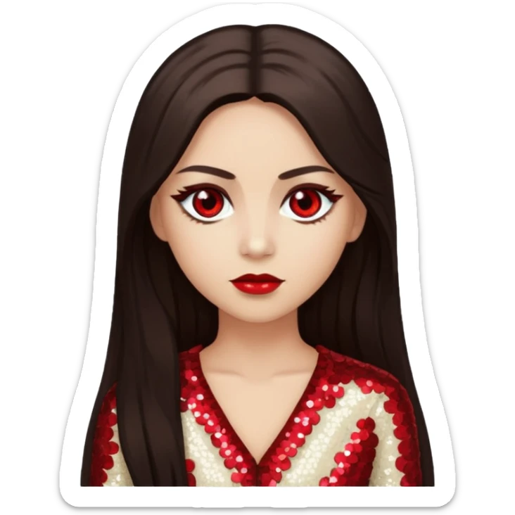 Bloody Mary with light skin, long dark brown hair, red eye, ivory sequin outfit sticker