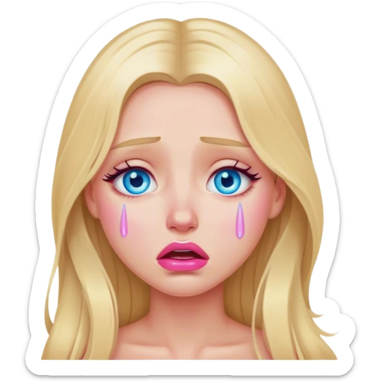 A beautiful blonde girl with long hair, blue eyes, pink lips is crying sticker