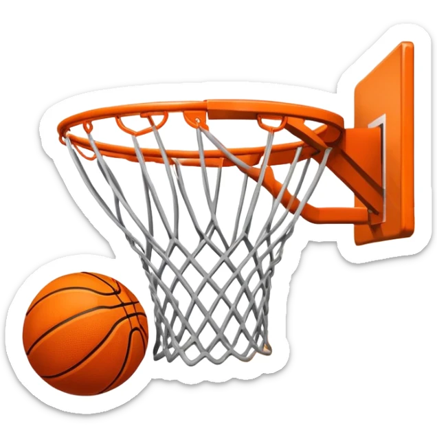 A close-up shot of a basketball entering the hoop, with the ball swishing through the net. The background features a blurred basketball court, emphasizing the perfect shot and the excitement of the game. sticker