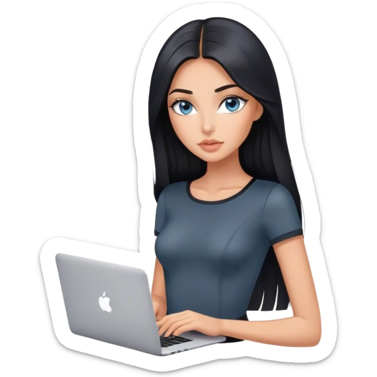 Glamours tanned very beautiful girl with pump peach nude lips and black straight smooth long hair, blue-grey eyes in beautiful short sleeves black bodysuit with MacBook sticker