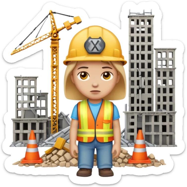 apple style emoji of a child looking guilty next to a broken city construction set sticker
