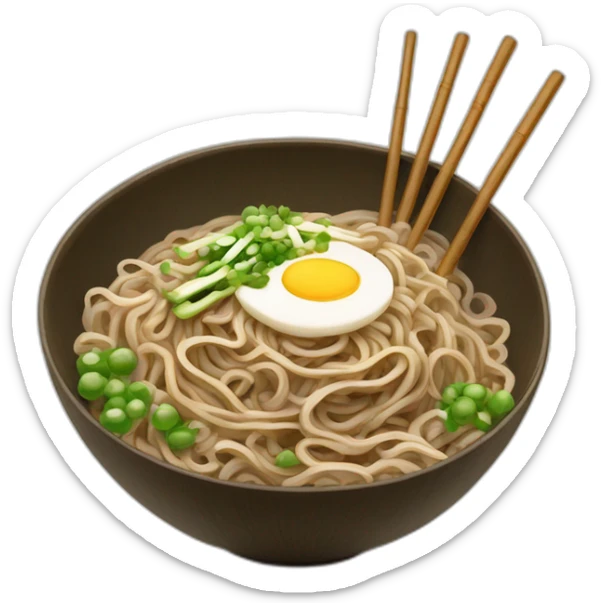 bowl of japanese buckwheat soba noodles with two chopsticks and spring onions sticker