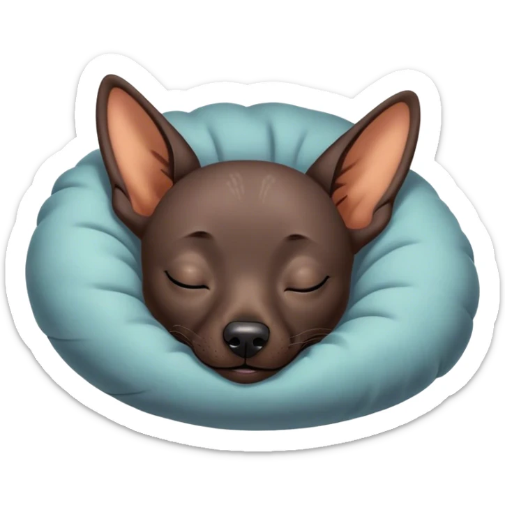 Meme-Worthy Cute Sleeping Xoloitzcuintle dog Portrait Emoji, Head resting peacefully with a contented smile, showcasing a sleek, muscular build with smooth, hairless ebony skin and gently relaxed wrinkles, eyes shut in a serene nap, Simplified yet hilariously adorable features, highly detailed, glowing with a soft, drowsy light, high shine, relaxed and utterly lovable, stylized with an air of playful laziness, bright and heartwarming, soft glowing outline, capturing the essence of a comically sleepy guardian, so meme-worthy it feels like it could instantly become the next viral sensation of adorable slumber! sticker