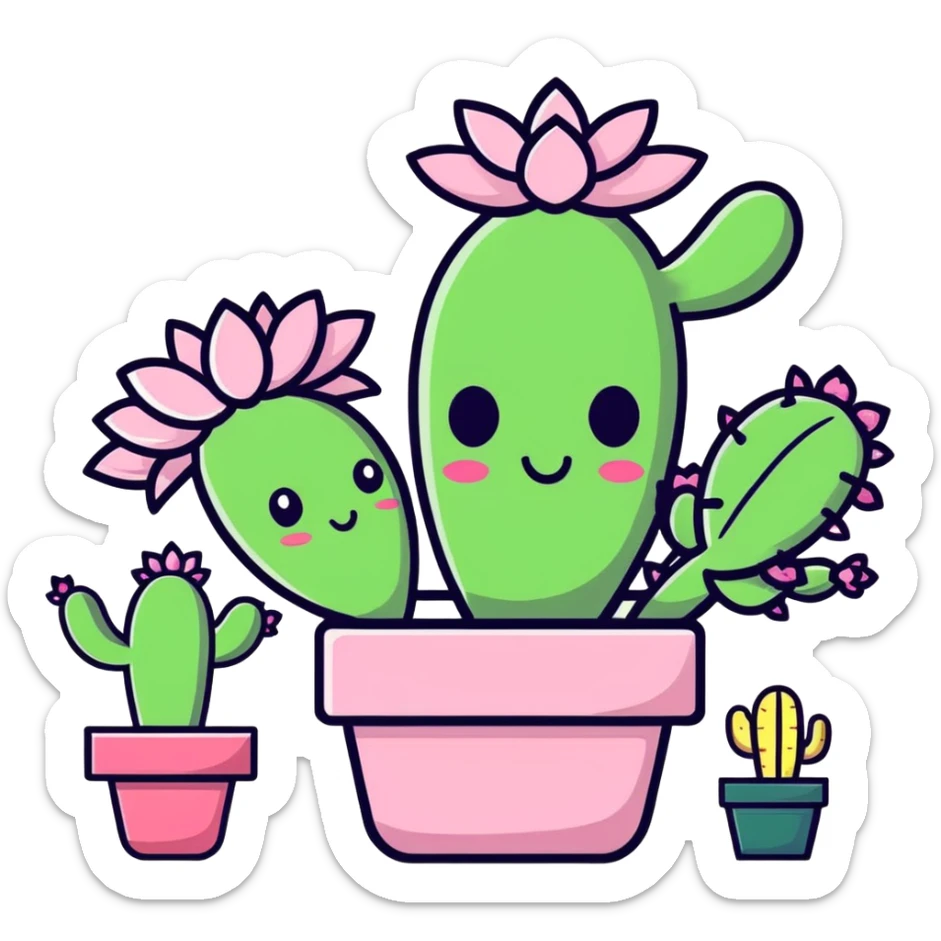 A pink face with cactuses all around that and the flowers that are blooming on the cactuses and sticker