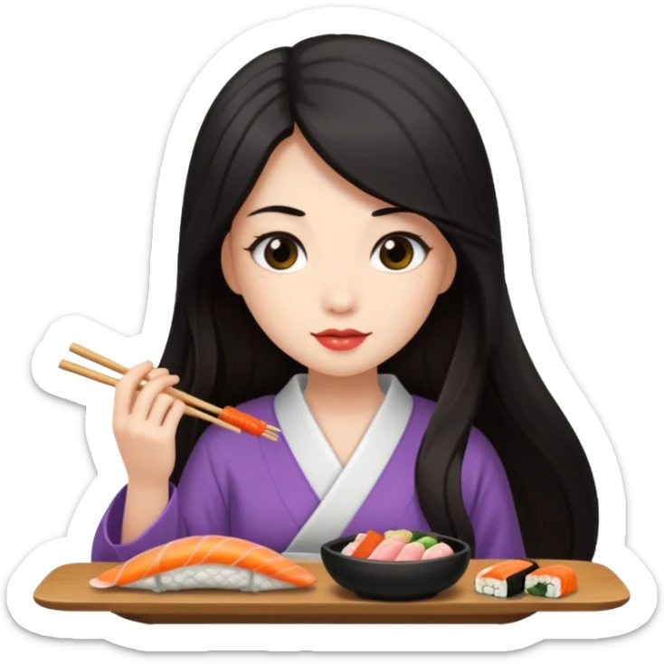 czarnowłosa ksieżniczka w dlugich wlosach je sushi sticker