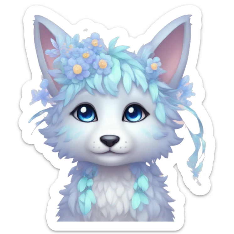Anthro Cute Cool Pastel Kawaii gorgeous sparkly ethereal fantasy animal creature with blue eyes furry sona with flowers and ribbons beautiful aesthetic sticker