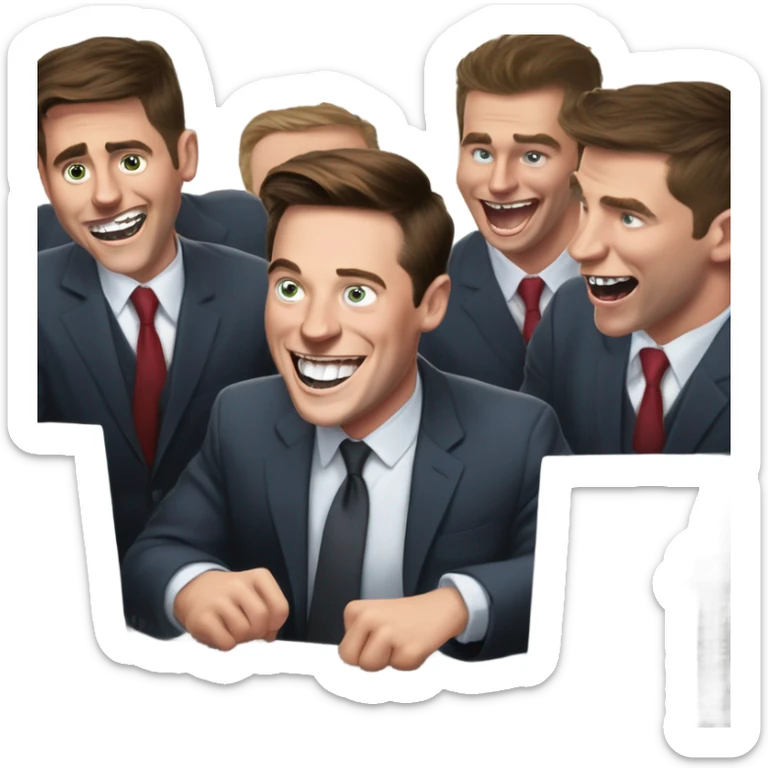 Musk in the treasury department laughing with devil horns coming out of his skull and in background young college guys on computers with eyes bulging out and looking frantic while typing fast sticker