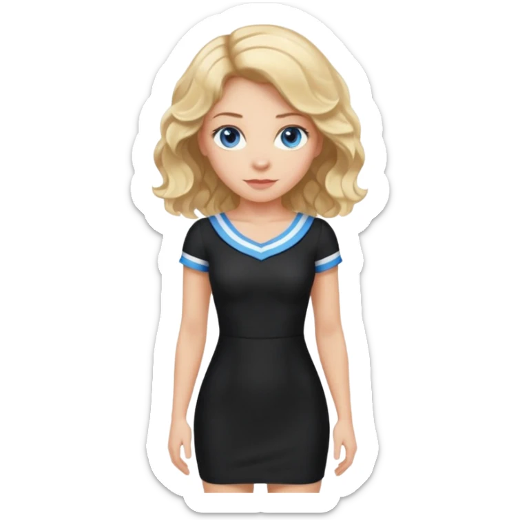 woman with blond wavy hair, tight black dress with a white line at the top, blue eyes, standing pose sticker