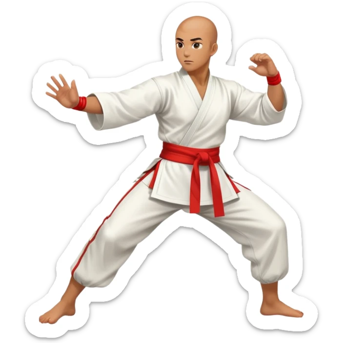 Martial artist in dynamic kung fu pose, wearing traditional loose outfit with sash sticker