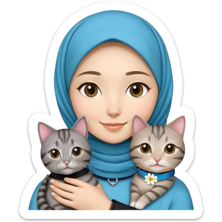 Asian White girl wearing flower (hijab)  holding a black grey tabby cat while smiling.  The cat is wearing a blue collar sticker
