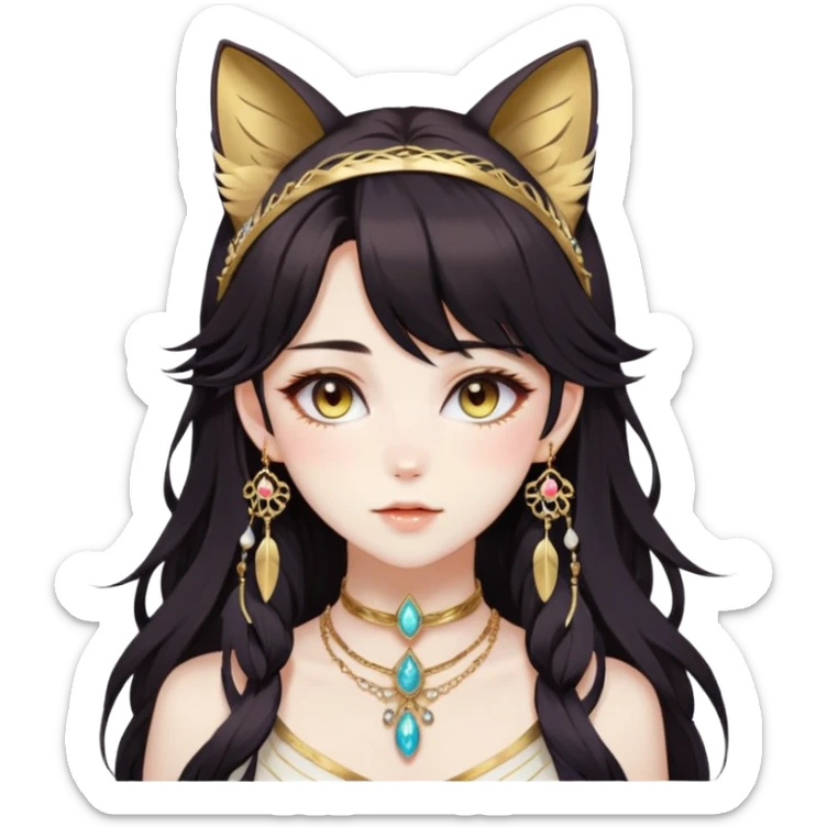 Beautiful gorgeous anime lady with beautiful dark-brown-special-hair, fashion aesthetic, ethereal, feather, accessories, gold jewelries, gold, colorful, feline ears sticker
