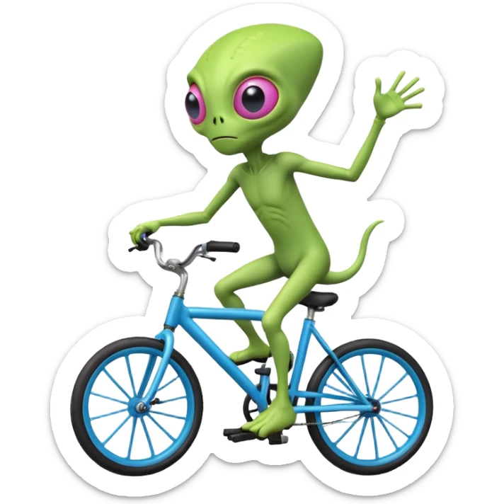 one-eyed alien riding a bicycle, large single eye, colorful skin, funny balance pose, cute sci-fi style, 3D cartoon, mobile game icon style, clean background, no text, no watermark
 sticker