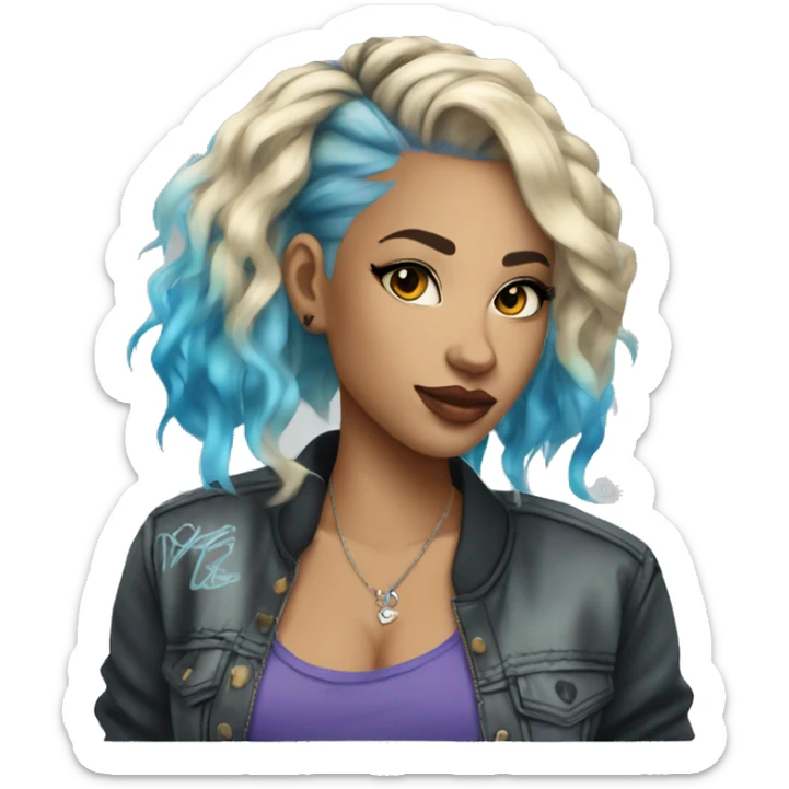 Lady wearing trendy graffiti street clothes with blonde hair with highlights and a blue dyed hair streak and tattoos sticker