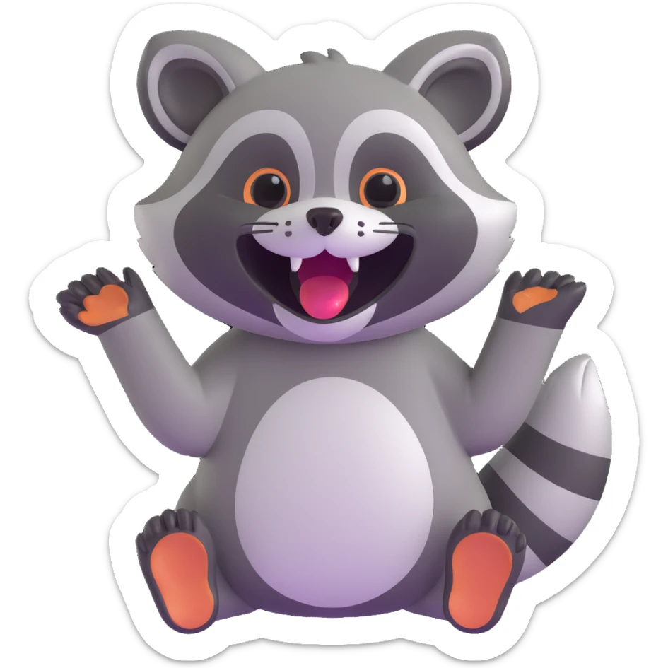 raccoon laughing with tears of joy, waving one paw, bright colors sticker