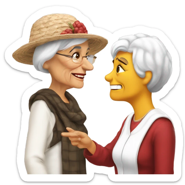 Old woman in Georgia bulldog clothes talking to middle aged woman in South Carolina gamecock clothes sticker
