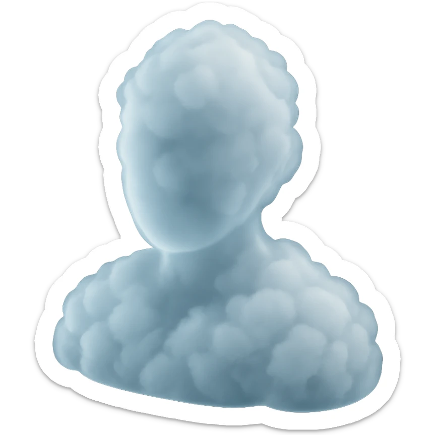 matte glass style, front view portrait of a person, shoulders up, made entirely of white fluffy clouds sticker