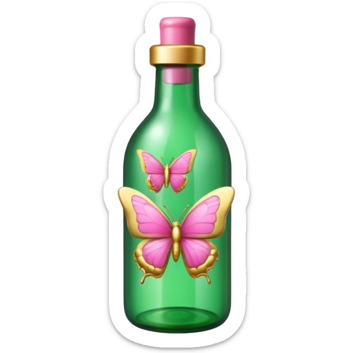 bright detailed green bottle with gold and pink butterflies, emoji style sticker