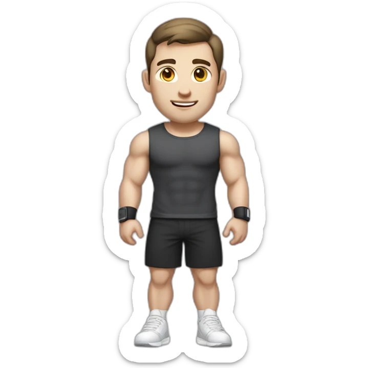 Pale skinned Fit Man With the biceps and dark brown hair in black shirt, gray sports shorts and white Sneakers sticker