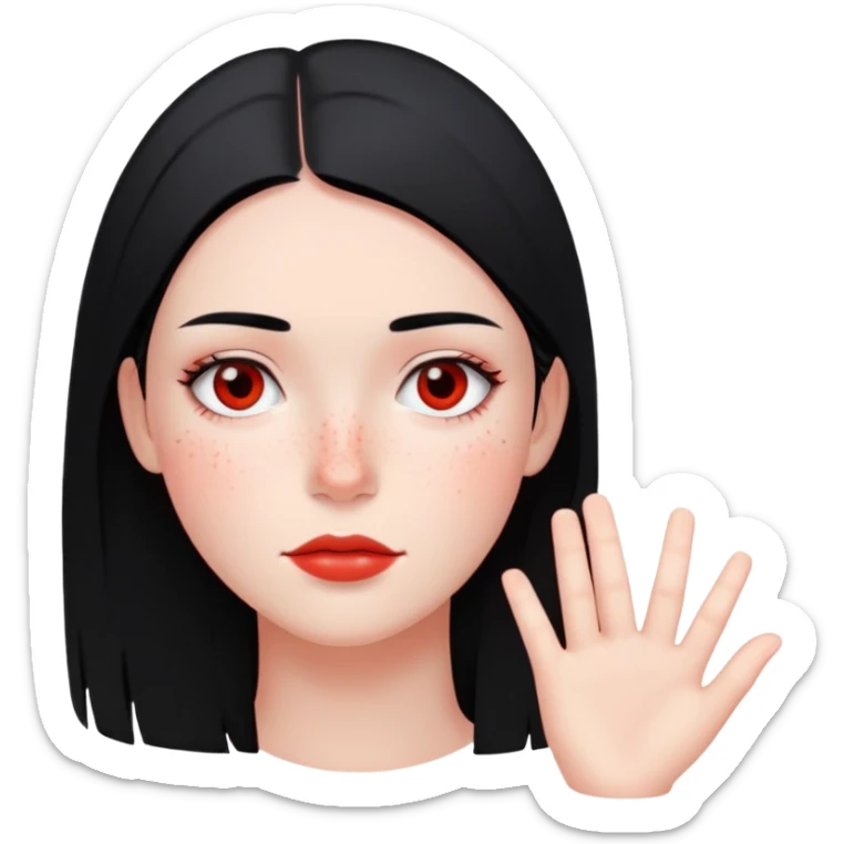 young woman with straight black hair, minimal makeup, and scattered red freckles sticker