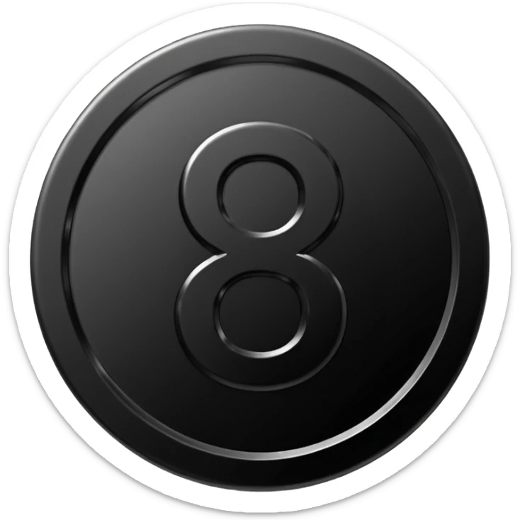 Emoji icon of a black coin with engraved number 8, minimalist style, isolated sticker