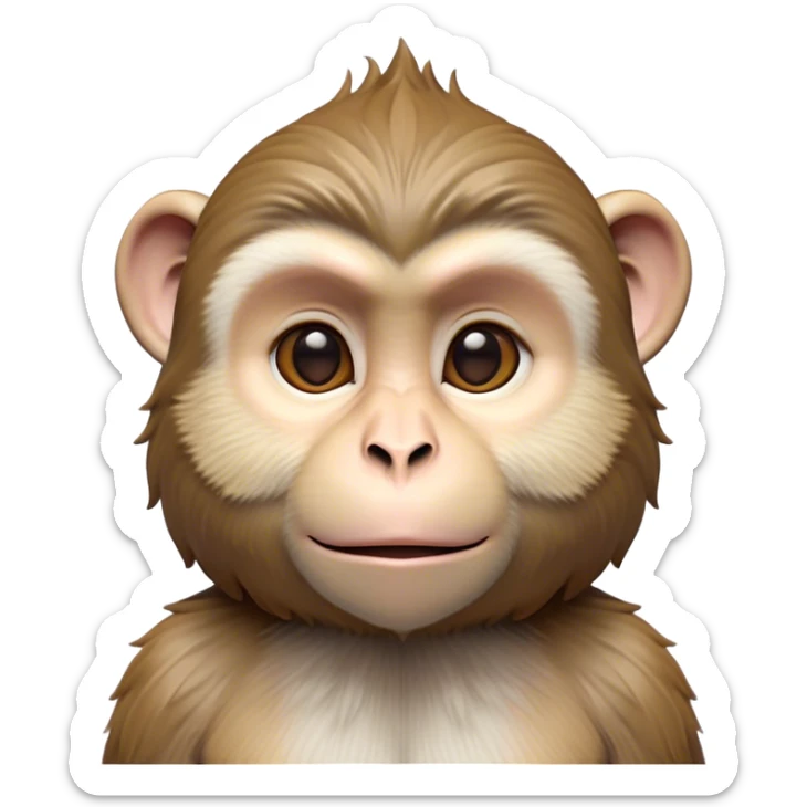 Cinematic Noble Macaque Portrait Emoji, Poised and regal, with a smart, agile build and expressive, deep-set eyes, adorned with soft, detailed fur and a dignified expression, Simplified yet sharp and sophisticated features, highly detailed, glowing with a soft, natural radiance, high shine, intelligent and commanding, stylized with an air of primate nobility, focused and alert, soft glowing outline, capturing the essence of a watchful and confident guardian that appears ready to leap out of the screen with effortless authority! sticker