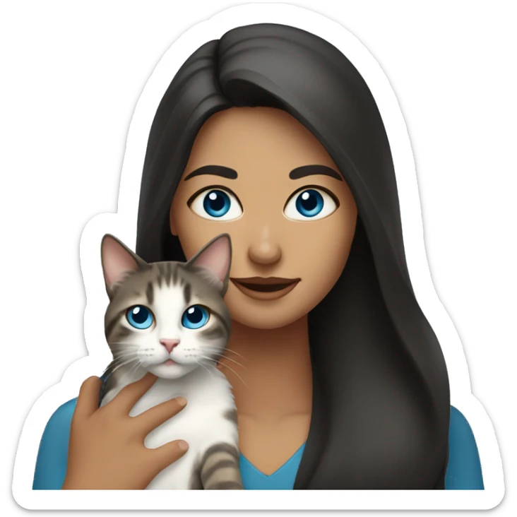 Woman with dark long hair and blue eyes holding a tabby cat  sticker