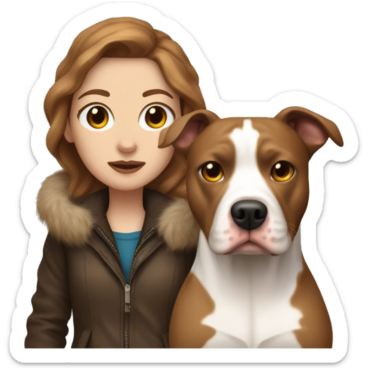 white woman with long brown hair in a furry jacket standing alongside a white pitbull with one brown patch around his eye sticker
