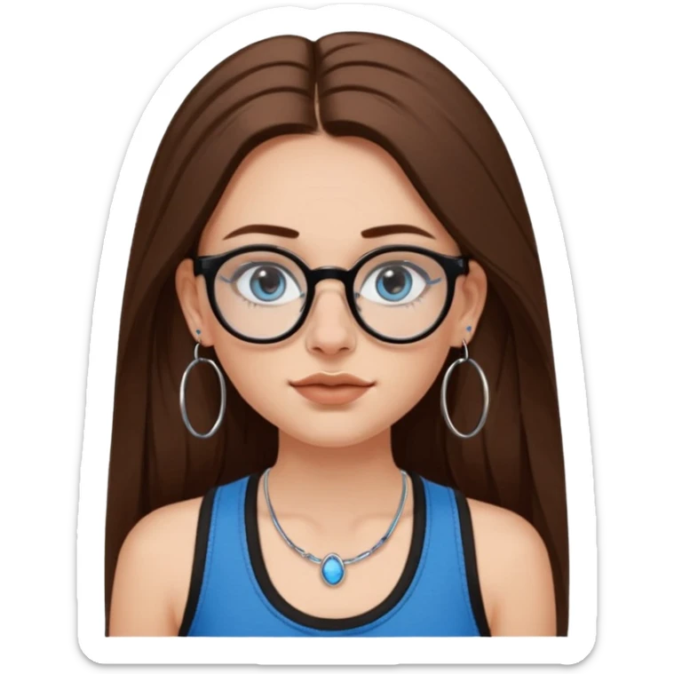 White girl with long brown hair, part going more to the RIGHT side, BLUE eyes, wearing BLACK plastic frame glasses. SEPTUM nose piercing hoop (at bottom of nose) AND stud nose piercing on right side of nose. Wearing BLACK tank top. Wearing big hoop earrings. No necklace! sticker