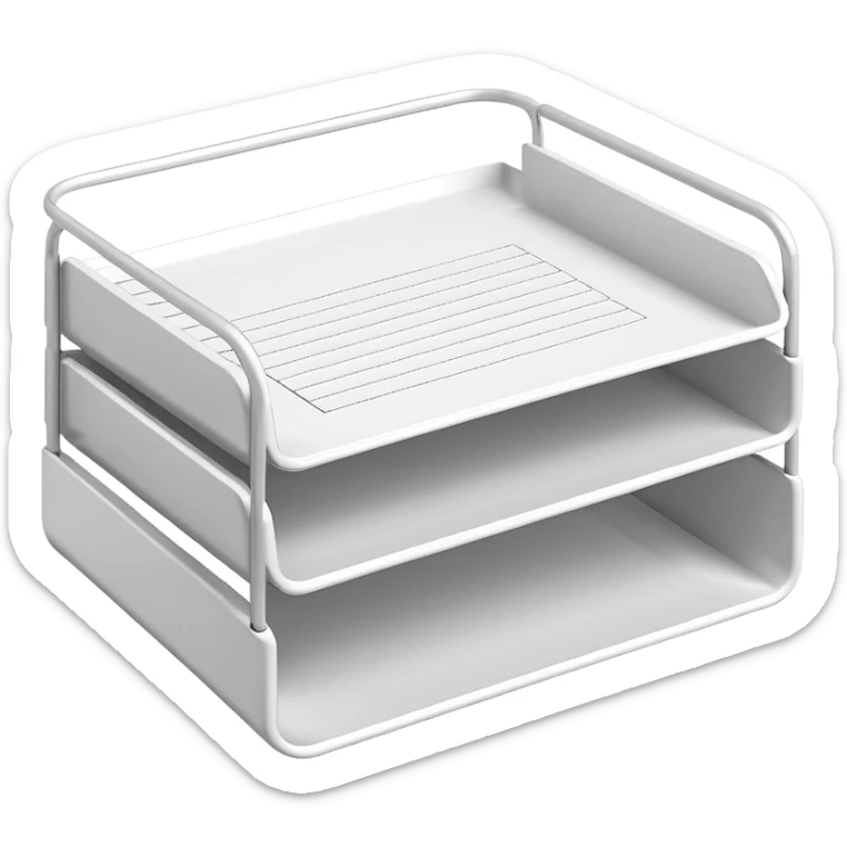 A minimal, clean emoji-style illustration of a white metal desk paper organizer tray, shown in slight isometric view so its structure is readable at a small scale. The organizer is rectangular with rounded corners, made of thin white metal wires, forming two to three stacked horizontal slots.
 sticker