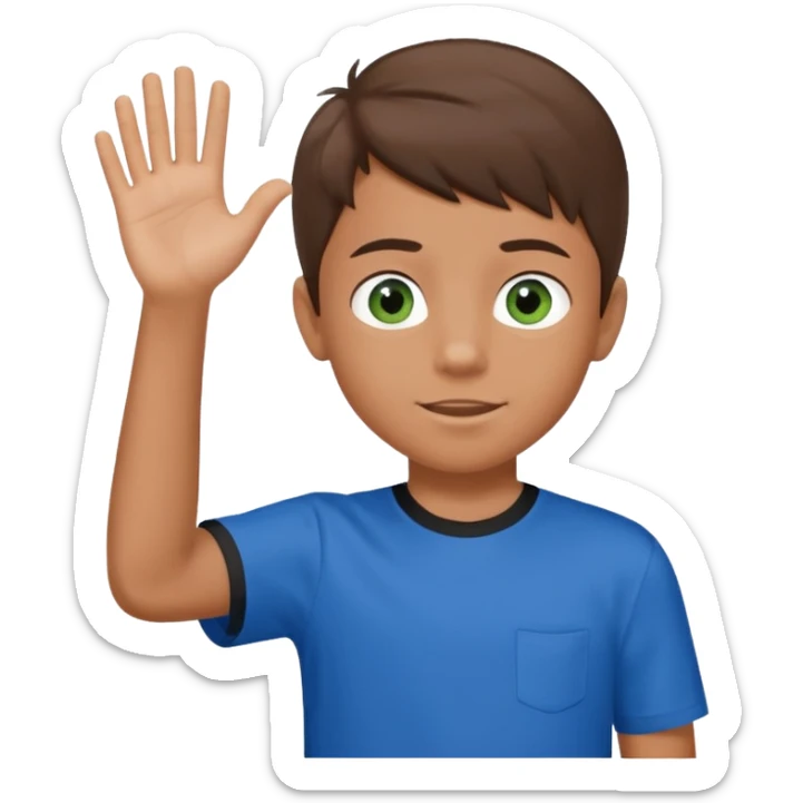 Boy 10 years old, with overgrown brown hair,with a with black and green eyes in a blue T-shirt, waves his hand sticker