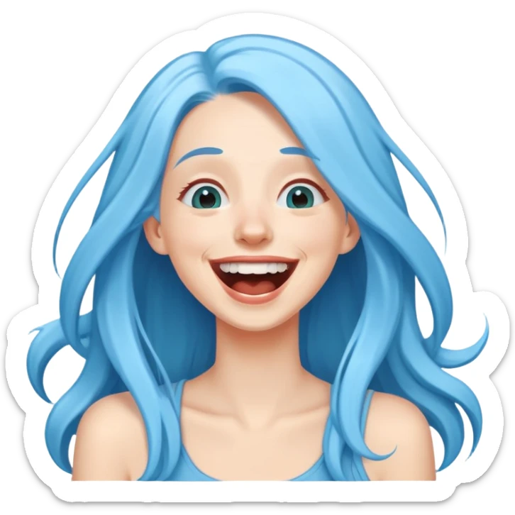 White 30 year old woman with long sky blue hair laughing hysterically  sticker