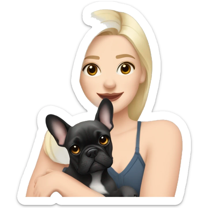  blonde Woman hugging a black brindle French bulldog and a dark gray french bulldog sticker