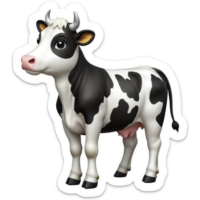 cinematic-[cow]-realistic-full-body-standing-emoji,-tail-flicking-lazily,-head-tilted-dramatically,-sleek-[black and white]-fur,-simplified-yet-realistic-focused-features,-highly-detailed,-glowing-with-an-almost-sarcastic-glow sticker
