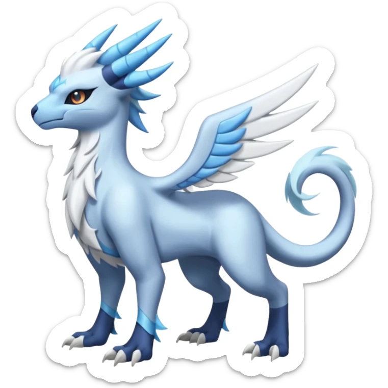 Icy Arctic Frost-Blue Pale-Shimmering Snow-Dusted Majestic Absol-Kyurem-Latios-Nargacuga-Meloetta-Latias-fusion-creature (full body) sticker