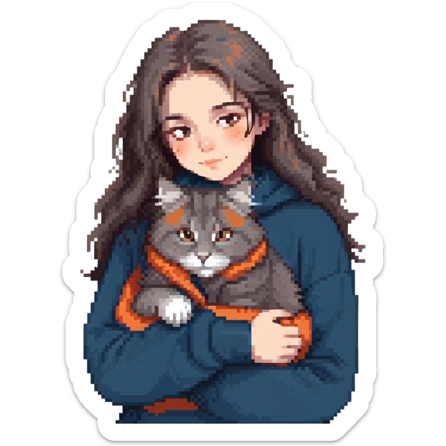 Brunette girl with dark blue sweatshirt snuggling a fluffy grey Siberian cat sticker