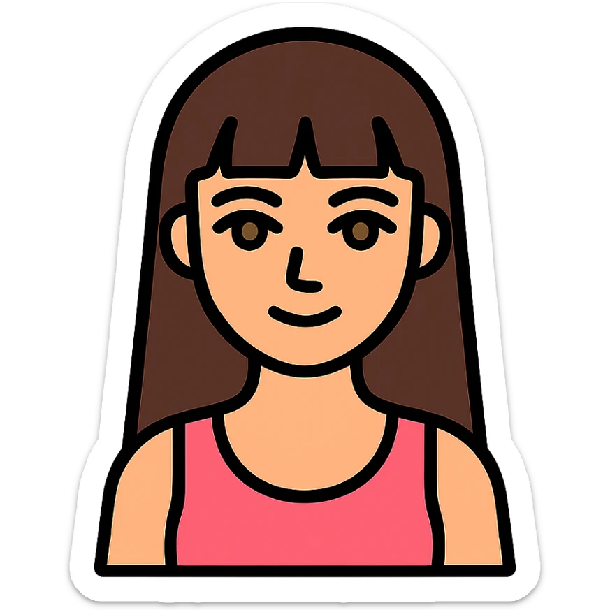 modern icon of an American girl with long brunette hair and classic bangs, wearing a pink tank top, hazel siren eyes, skinny, clean lines, minimal detail, flat color sticker