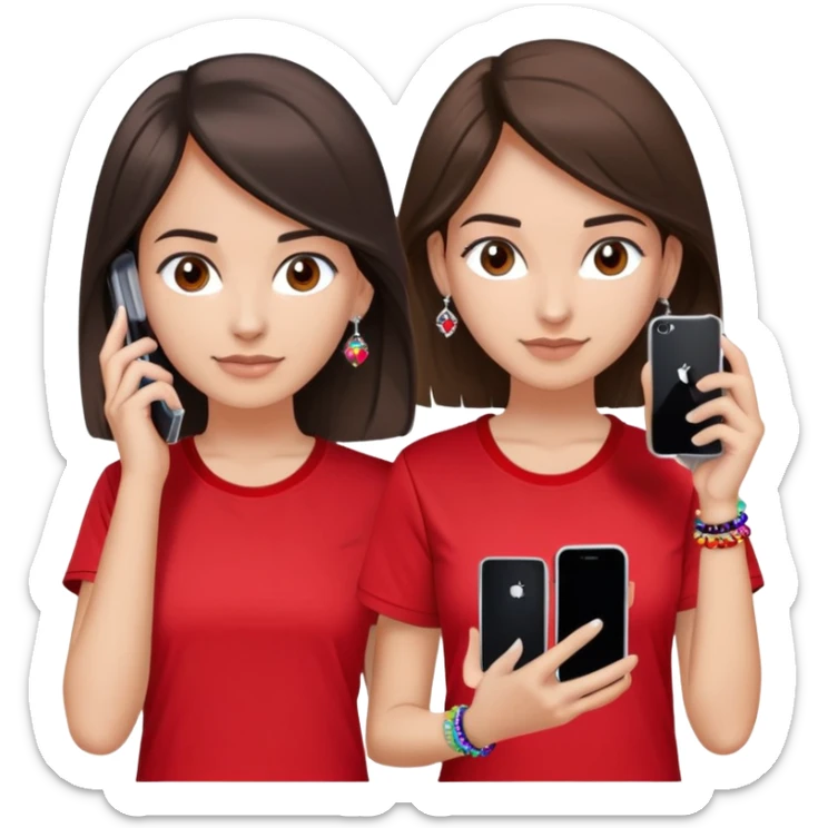 brunette girl with wavier medium length hair, brown eyes, light/medium skin tone, holding two phones - one iPhone and one plain black phone without Apple logo, wearing red Adidas t-shirt, simple silver hoop earrings, and a colorful beaded charm necklace sticker