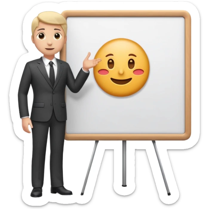 A clean emoji-style illustration of a person giving a presentation, standing next to a large presentation board on a stand, board is white and there is nothing on it, the board is oversized and clearly visible, no podium, no desk, no table, friendly proportions, soft 3D emoji style sticker