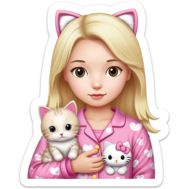 Blonde girl wearing pink Hello Kitty pajamas with two ragdoll cats sticker