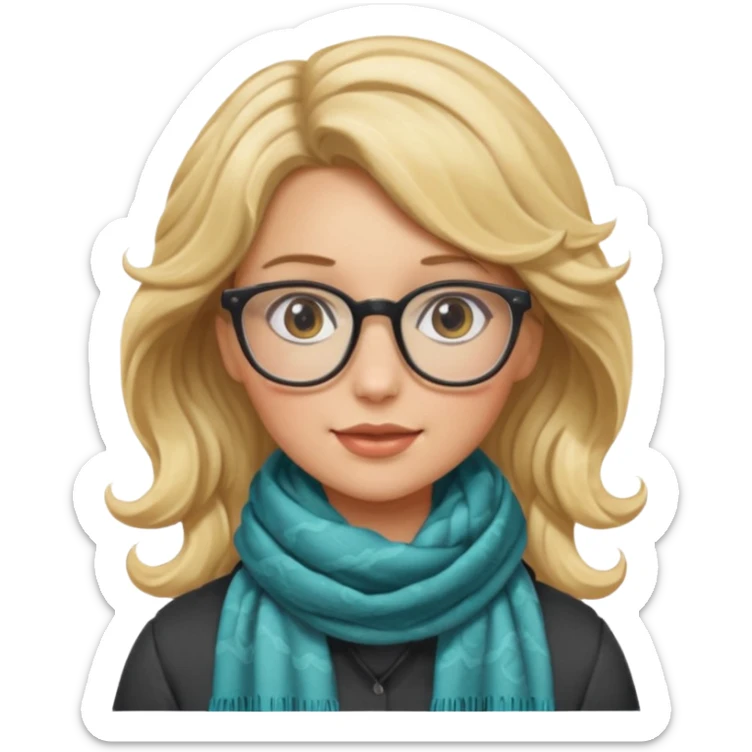 a girl drink with blonde wavy hair, wearing glasses, having scarf sticker