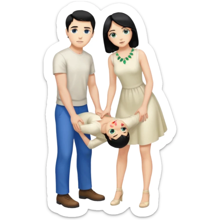 King, man, standing, black Hair, blue eyes, whole body, Woman, bending knees, blonde, green eyes, White Dress, sticker