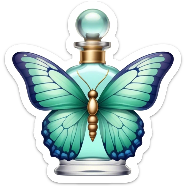 A delicate butterfly with pastel green and blue wings resting on a vintage glass perfume bottle with golden details. sticker