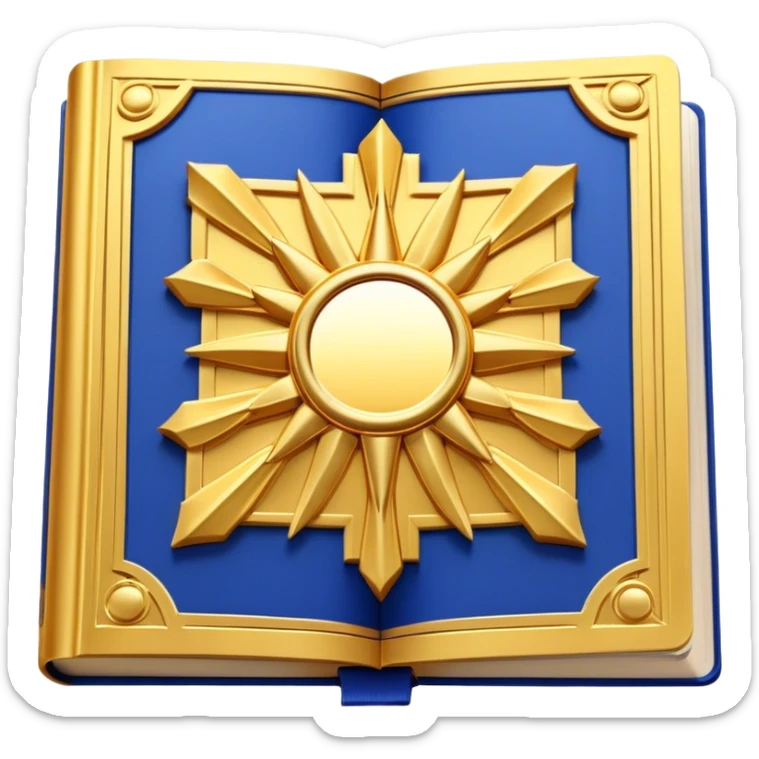 A golden yellow book with royal blue accents, smooth and polished, embossed with a symbol of six pillars, a sun, or a glowing mirror, radiating strength, confidence, and the power of self-worth.  sticker