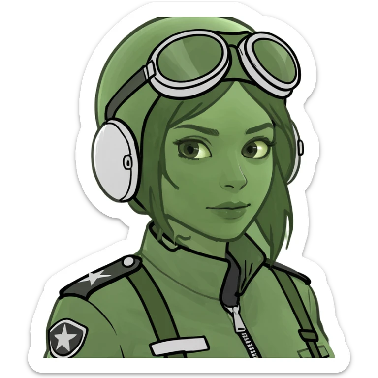 woman sitting in airplane wearing pilot outfit holding a cat emoji sticker
